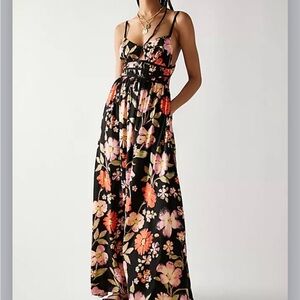 Free People Wisteria Floral Black Maxi Dress with Spaghetti Straps